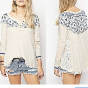 Free People Henley Shirt XS Cabin In Woods Cream Knit Lace Waffle Boho Fair Isle